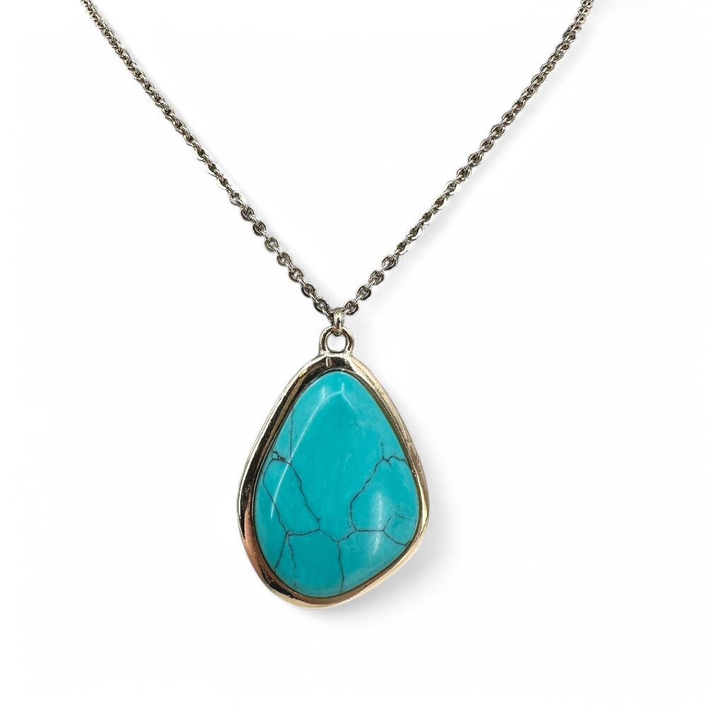 Banana Republic Long Necklace Simulated Turquoise Pendant Gold Tone